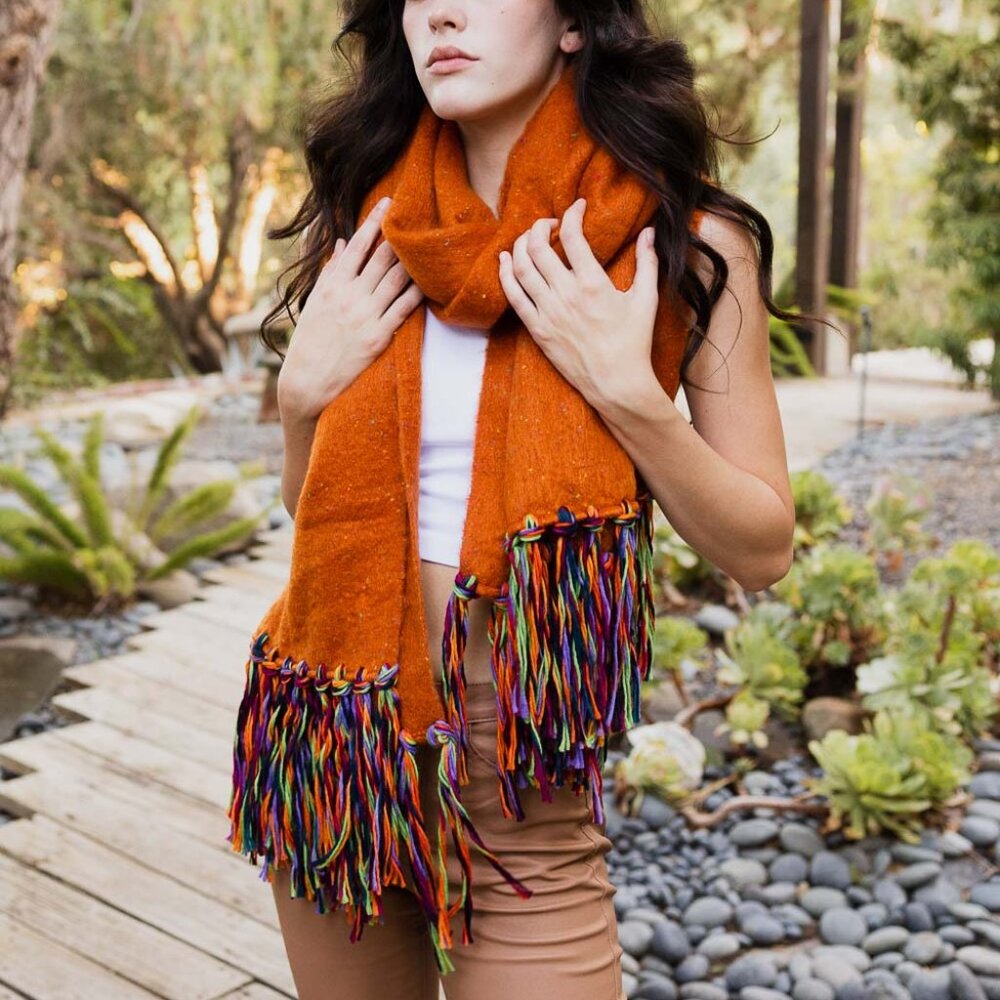 New Scarf - Mustard Orange -  Jewel-Tone - Boho Western Fringe Winter